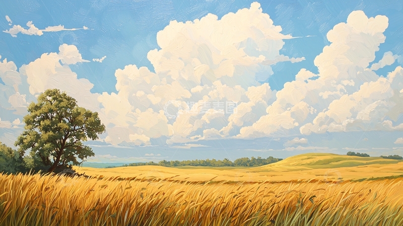 高清大图下载【趣麦麦图】广阔金黄麦田和蓝天白云