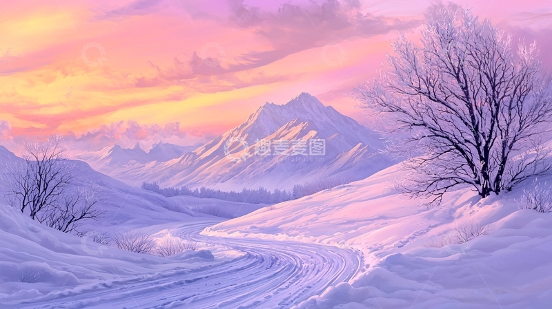 高清大图下载【趣麦麦图】雪山粉色天空唯美意境