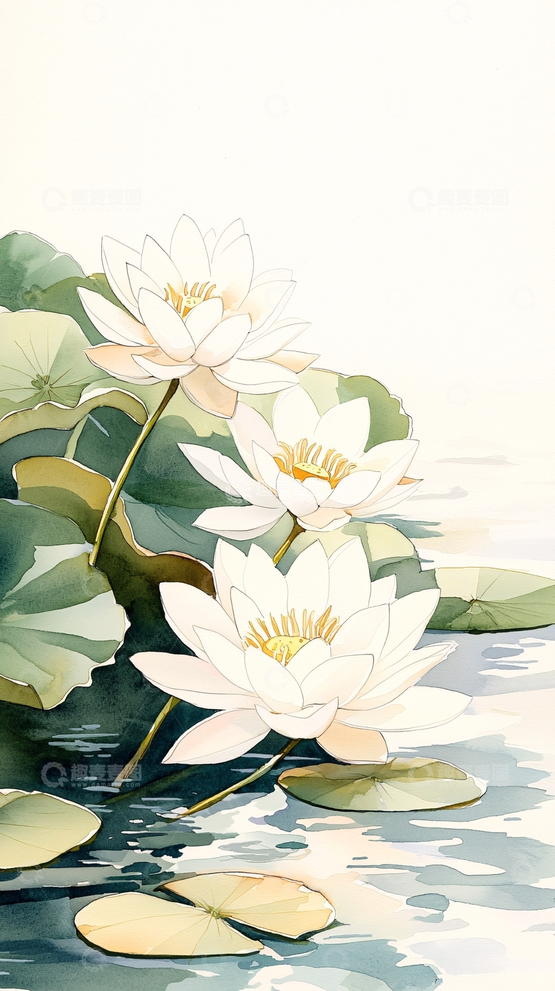 高清大图下载【趣麦麦图】水彩风格的白色睡莲