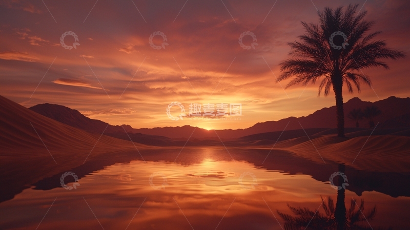 高清大图下载【趣麦麦图】宁静沙漠湖泊日落