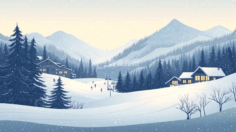 高清大图下载【趣麦麦图】雪山下的房屋和树木