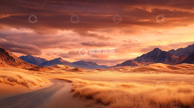 高清大图下载【趣麦麦图】金红色天空下的沙漠风光