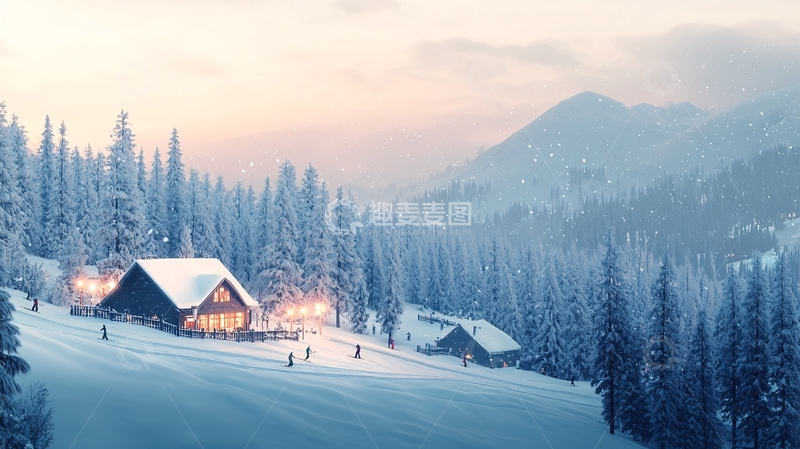 高清大图下载【趣麦麦图】雪山小屋灯光温暖