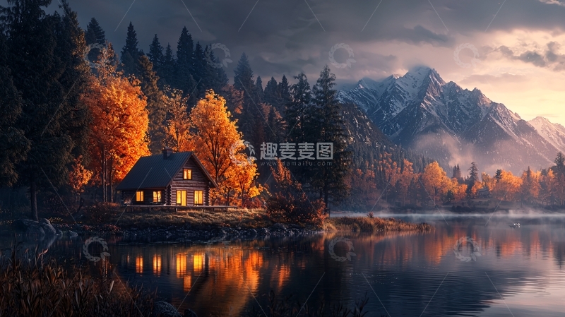 高清大图下载【趣麦麦图】湖边小屋秋色黄昏