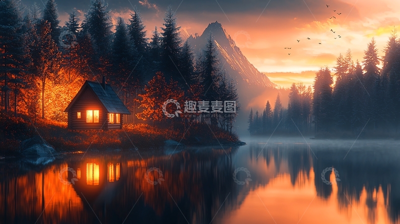 高清大图下载【趣麦麦图】湖边小屋的日落美景