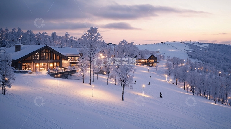 高清大图下载【趣麦麦图】雪山小屋冬日静谧夜景