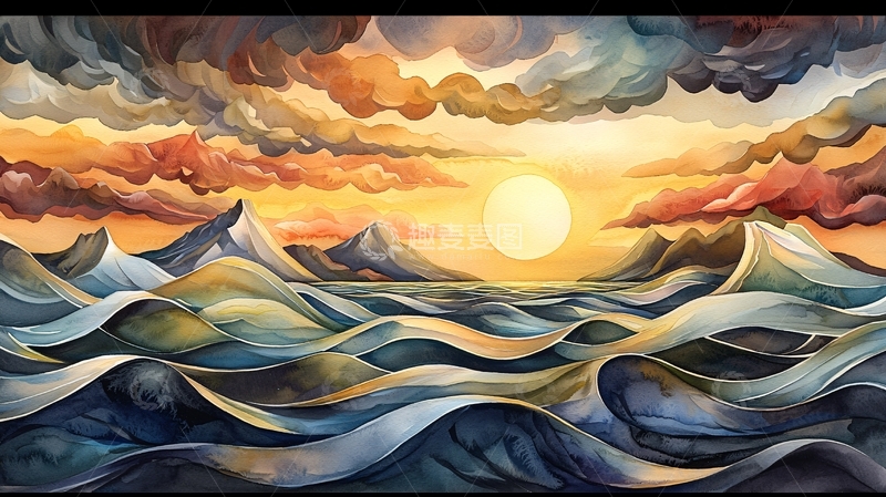 高清大图下载【趣麦麦图】壮丽海景日出水彩画