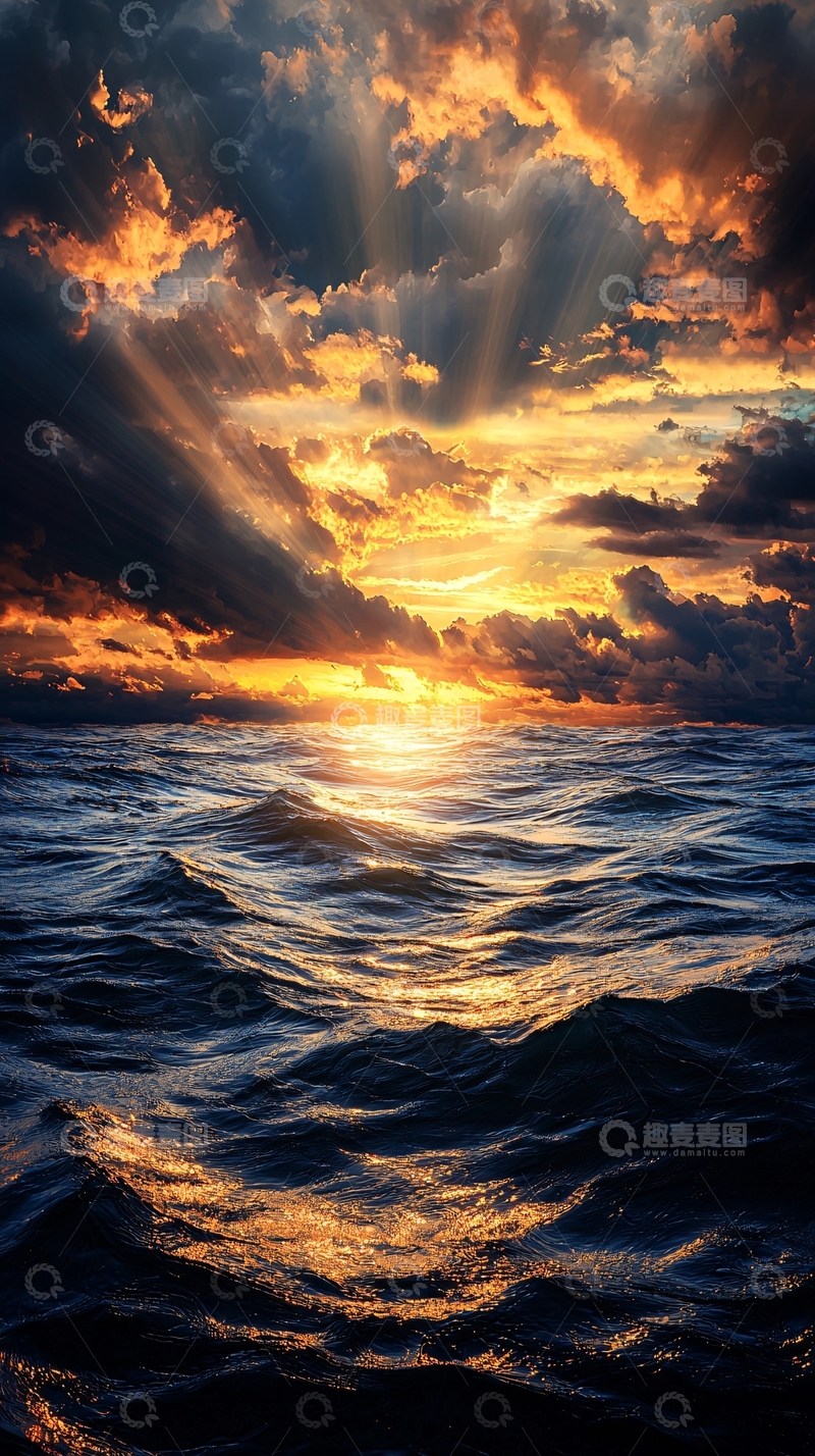 高清大图下载【趣麦麦图】海面日落云层光线穿透