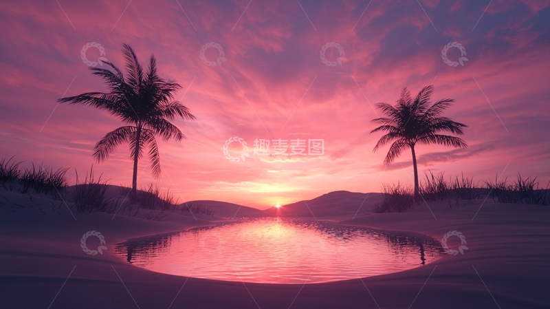 高清大图下载【趣麦麦图】粉色天空下的棕榈树