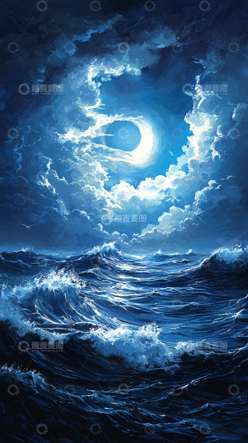 高清大图下载【趣麦麦图】月光照耀下的海浪