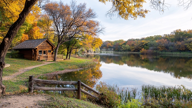高清大图下载【趣麦麦图】秋日湖畔小屋美景