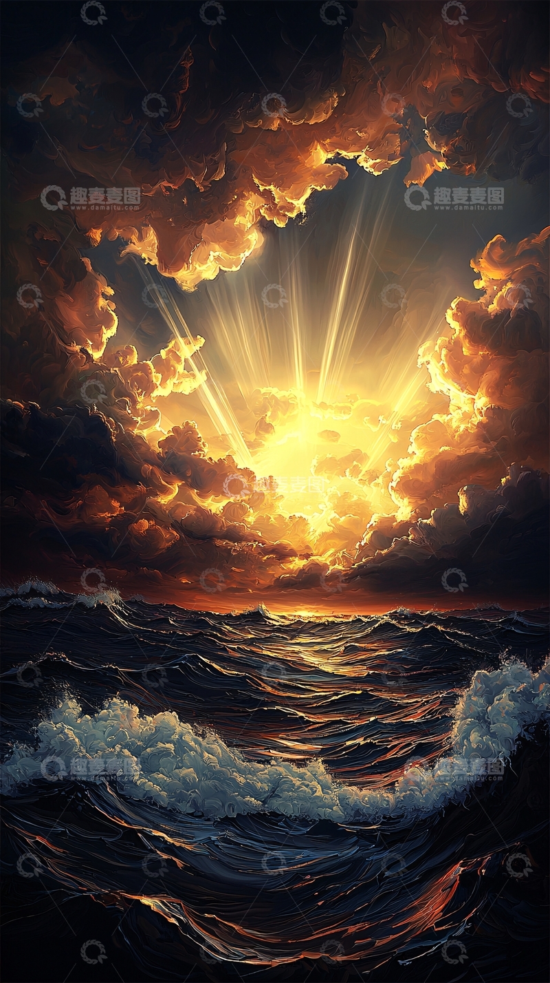 高清大图下载【趣麦麦图】海上日出云层光芒四射