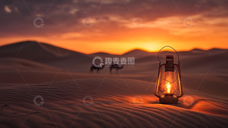 高清大图下载【趣麦麦图】沙漠日落中的油灯和骆驼