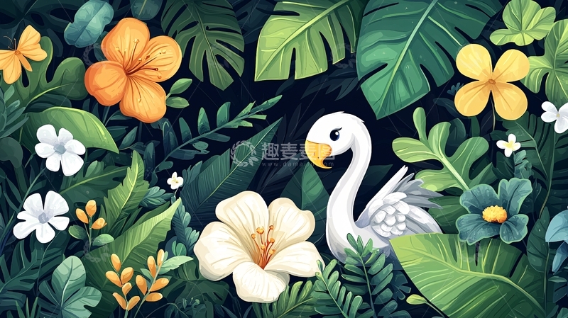 高清大图下载【趣麦麦图】热带丛林中的白天鹅