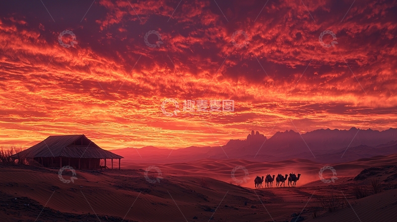 高清大图下载【趣麦麦图】火烧云下的荒漠小屋