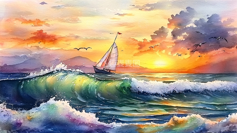 高清大图下载【趣麦麦图】海上帆船日落美景