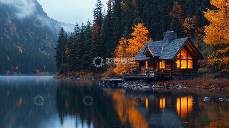 高清大图下载【趣麦麦图】湖边小屋秋景如画