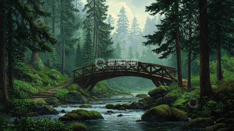 高清大图下载【趣麦麦图】森林小溪上的石桥