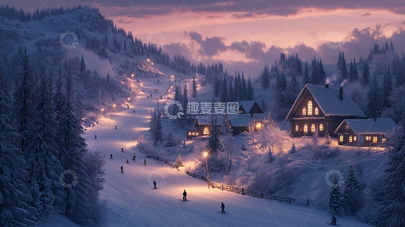 高清大图下载【趣麦麦图】雪山下的村庄夜晚