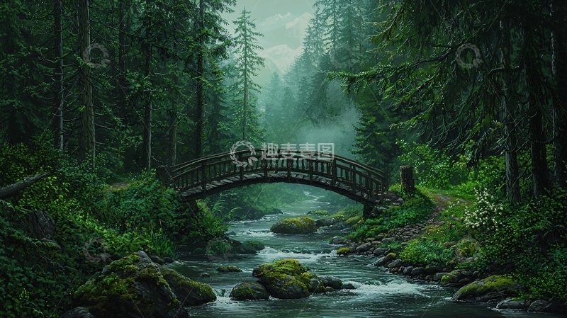 高清大图下载【趣麦麦图】森林中的木桥流水