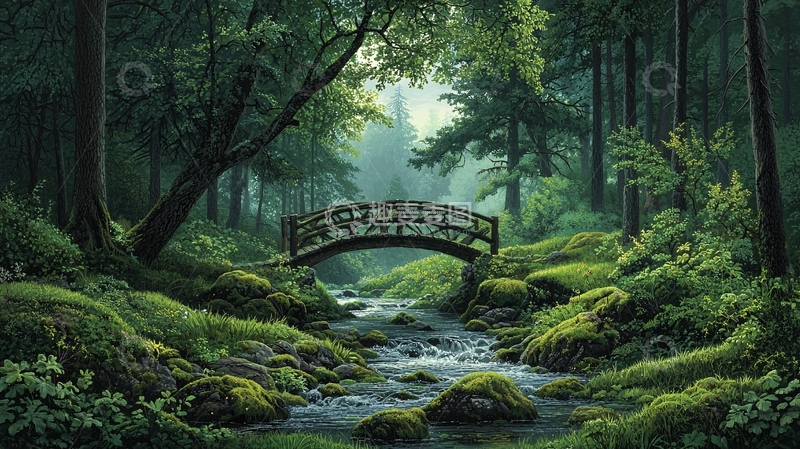 高清大图下载【趣麦麦图】森林中的小桥流水