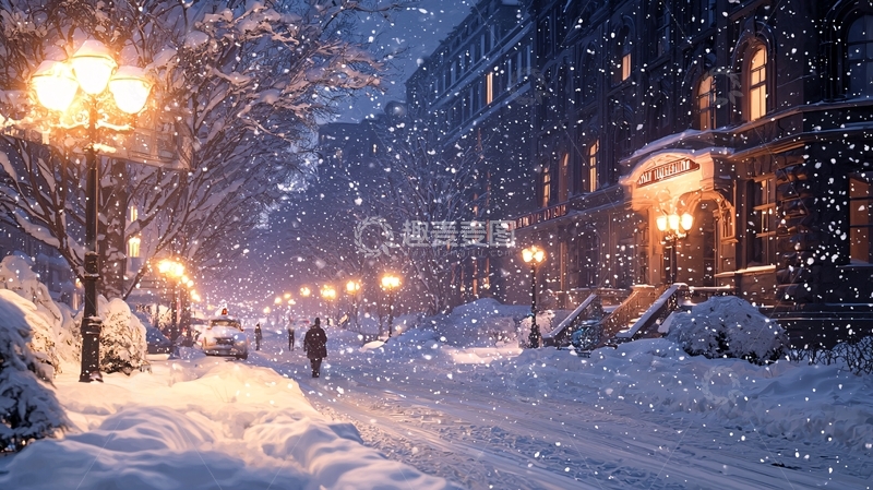 高清大图下载【趣麦麦图】雪夜小镇街道场景