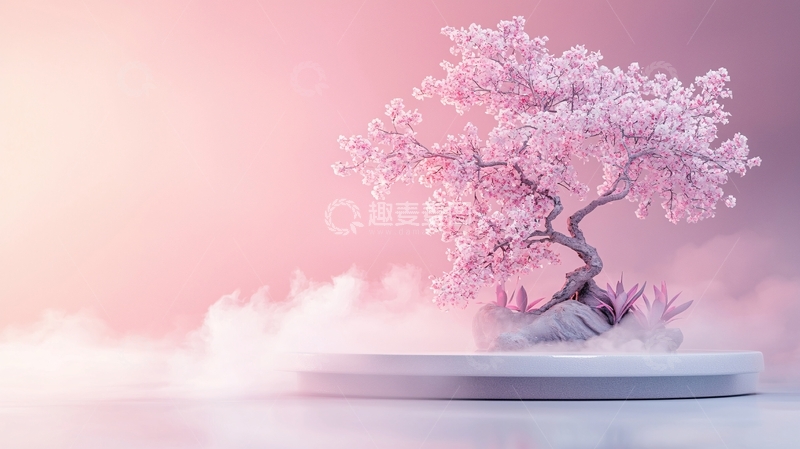高清大图下载【趣麦麦图】粉色樱花树在圆形平台上
