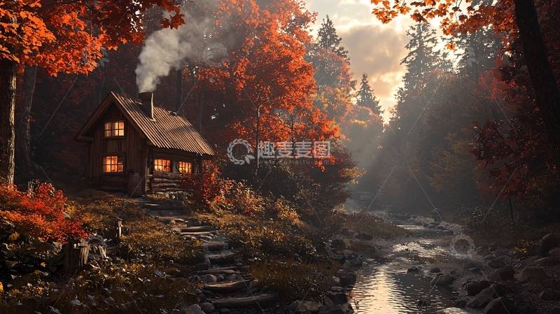 高清大图下载【趣麦麦图】秋日森林小屋