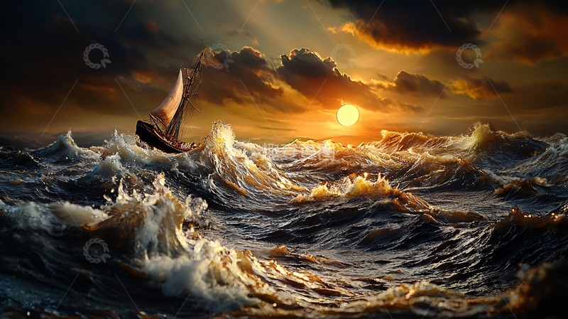 高清大图下载【趣麦麦图】波涛汹涌的海面小船