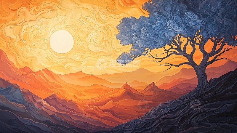 高清大图下载【趣麦麦图】夕阳下的孤独树木