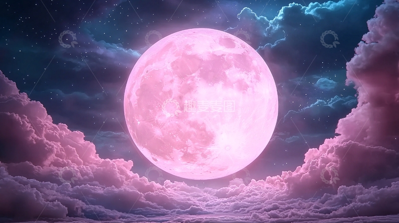 高清大图下载【趣麦麦图】粉色月亮在云端夜空