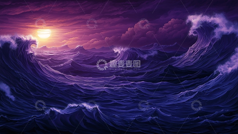 高清大图下载【趣麦麦图】紫色海浪与日落的奇幻场景