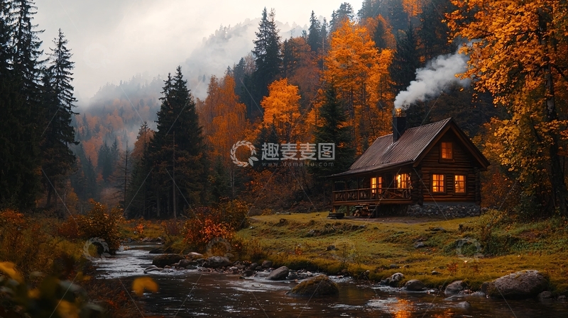 高清大图下载【趣麦麦图】林中小屋秋日景色