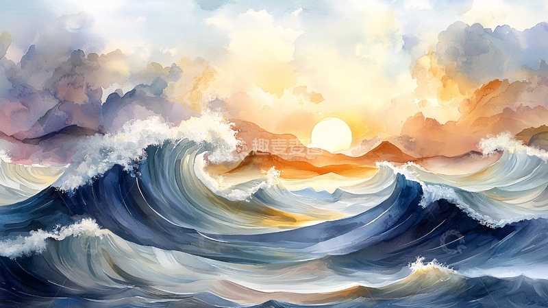 高清大图下载【趣麦麦图】波涛汹涌的海面日出