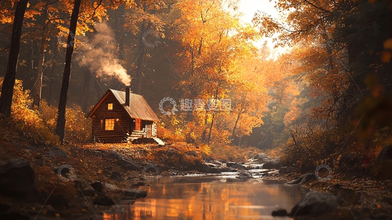 高清大图下载【趣麦麦图】林中小屋秋日暖阳