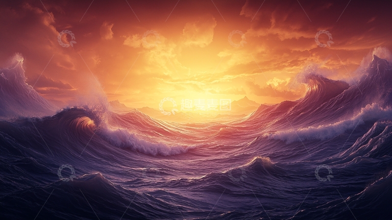 高清大图下载【趣麦麦图】波涛汹涌的海洋日落