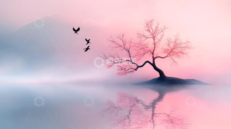 高清大图下载【趣麦麦图】粉色水面孤树飞鸟山峰