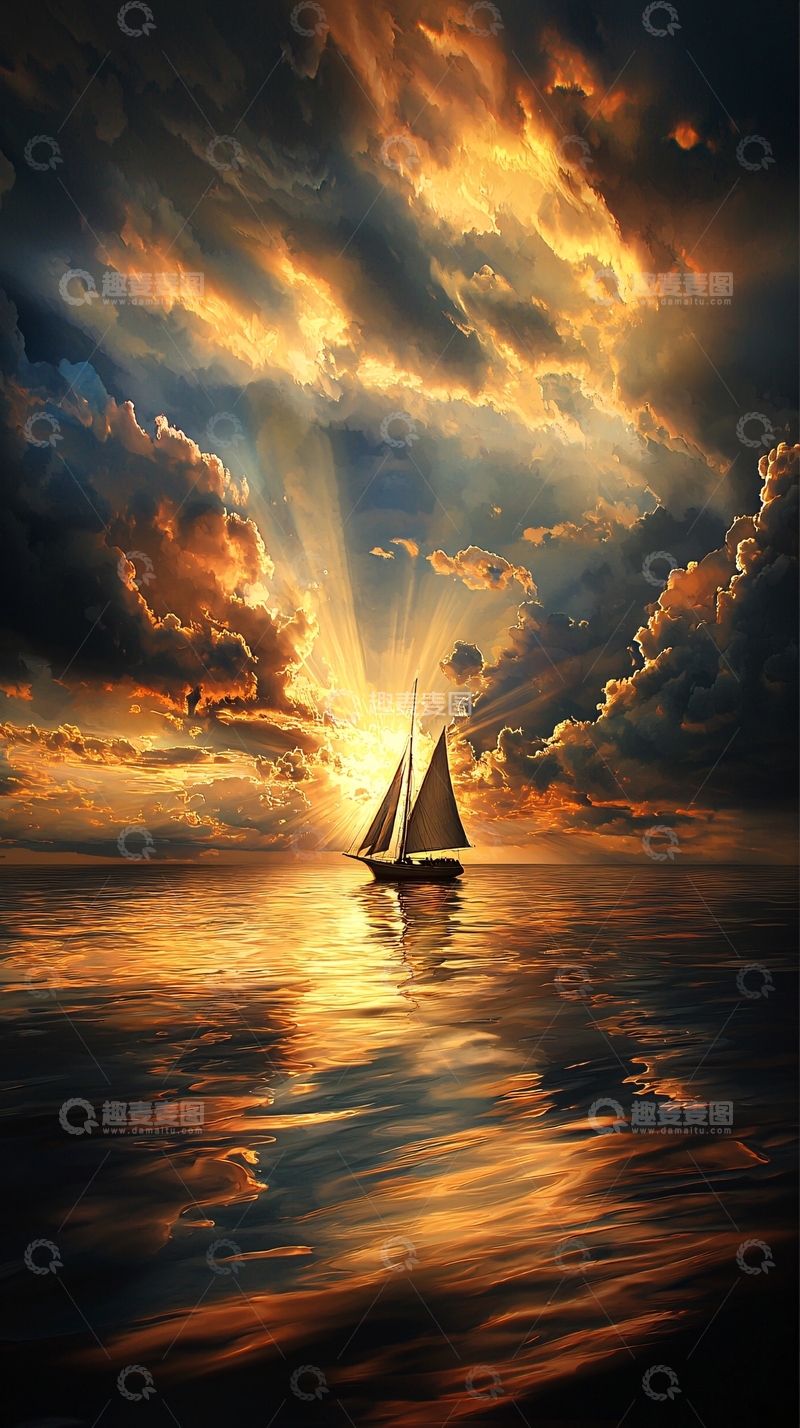 高清大图下载【趣麦麦图】海上日落帆船剪影