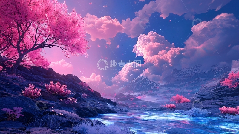 高清大图下载【趣麦麦图】粉色梦幻天空山水场景