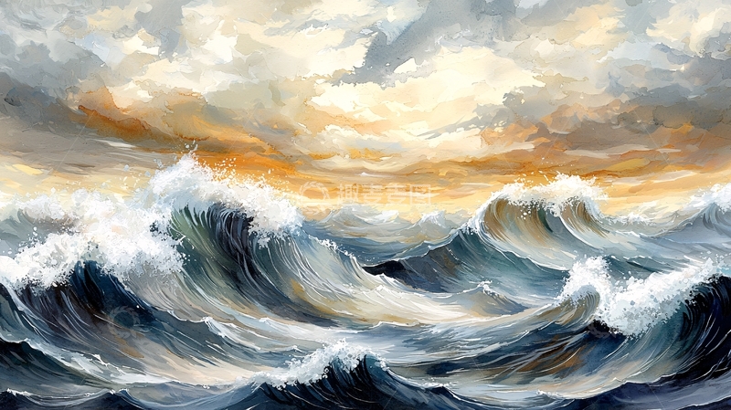 高清大图下载【趣麦麦图】海浪汹涌的油画风景