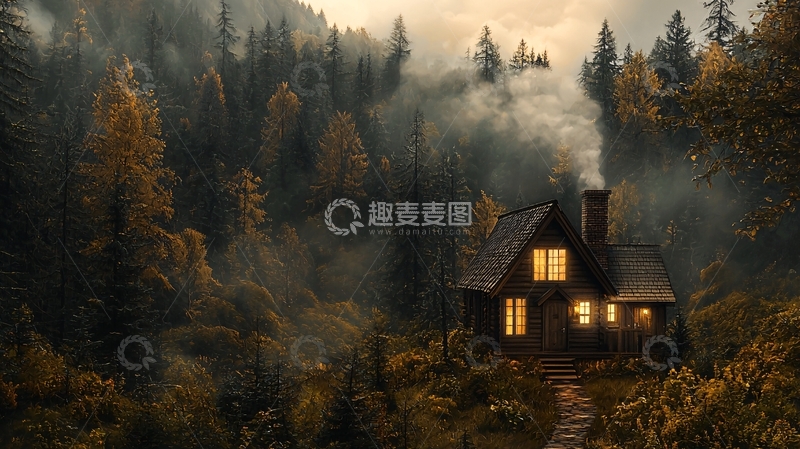 高清大图下载【趣麦麦图】林中木屋烟雾缭绕