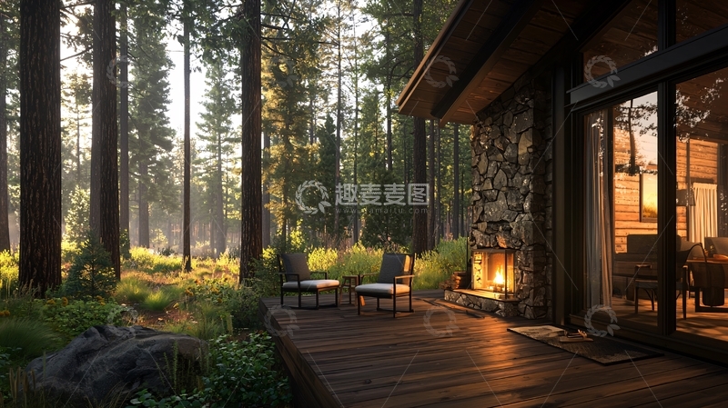 高清大图下载【趣麦麦图】森林木屋光线洒下