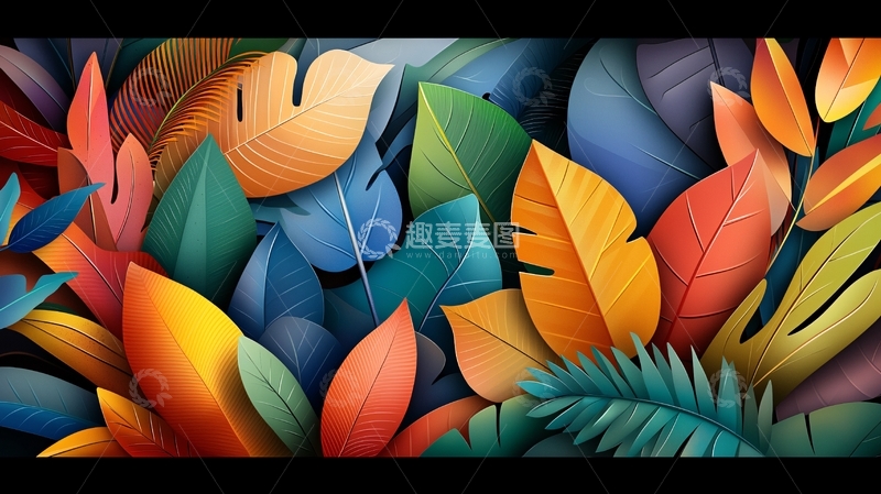 高清大图下载【趣麦麦图】彩色叶片层叠背景