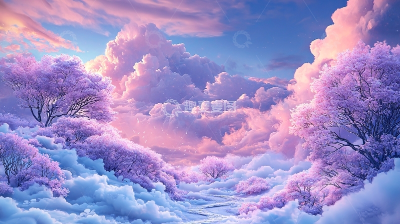 高清大图下载【趣麦麦图】粉色云朵与树木交织的梦幻场景