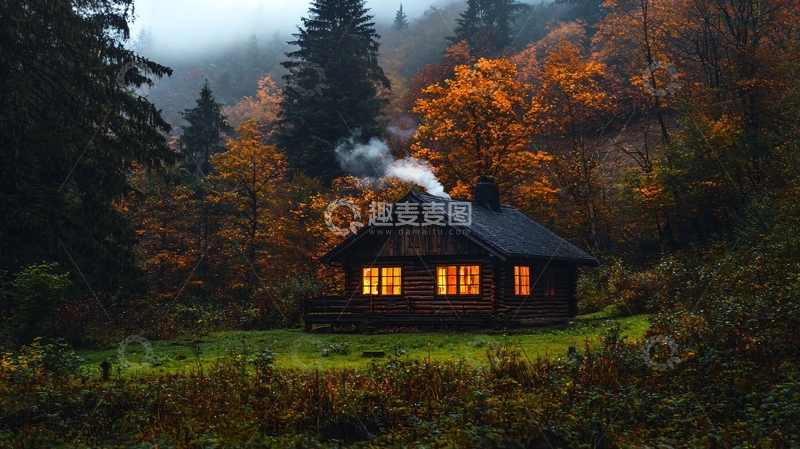 高清大图下载【趣麦麦图】秋日森林中的小屋