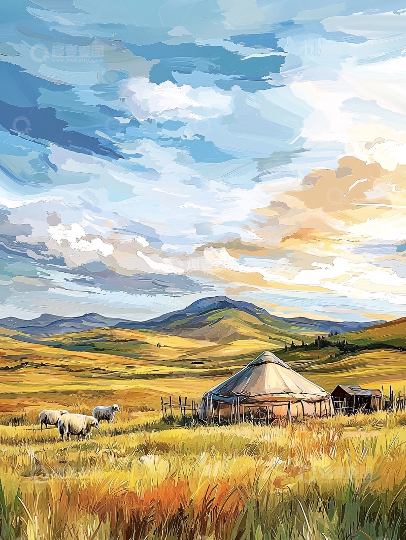 高清大图下载【趣麦麦图】草原上蒙古包和羊群的绘画