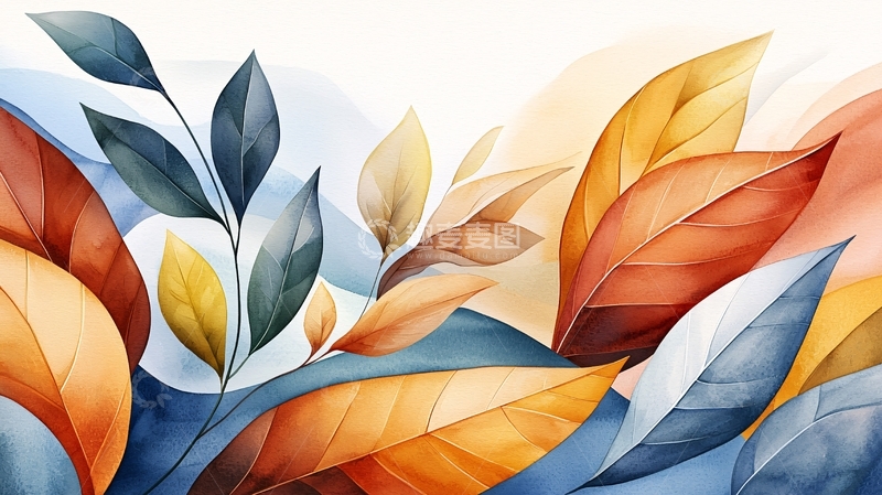 高清大图下载【趣麦麦图】秋色叶片水彩风背景