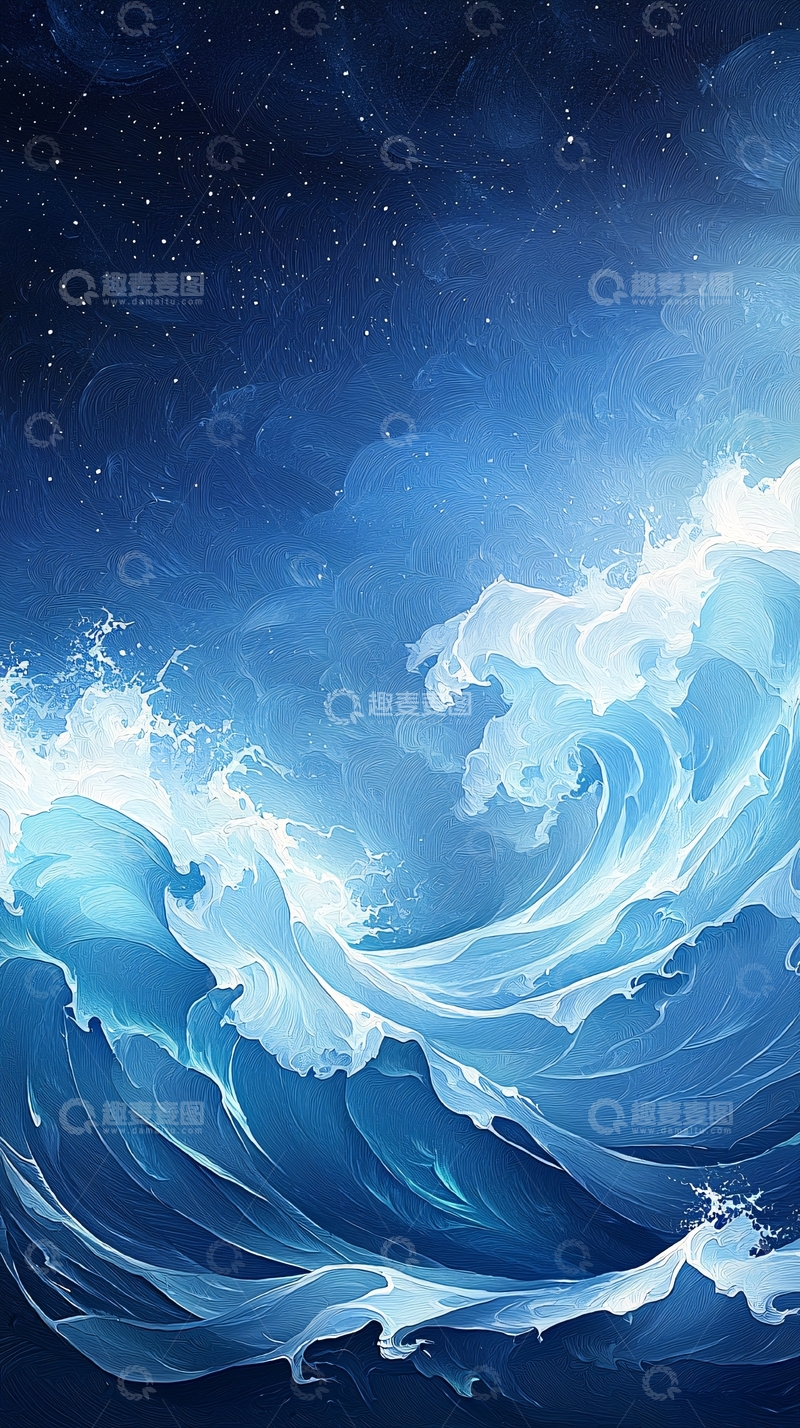 高清大图下载【趣麦麦图】海浪汹涌的蓝色夜空