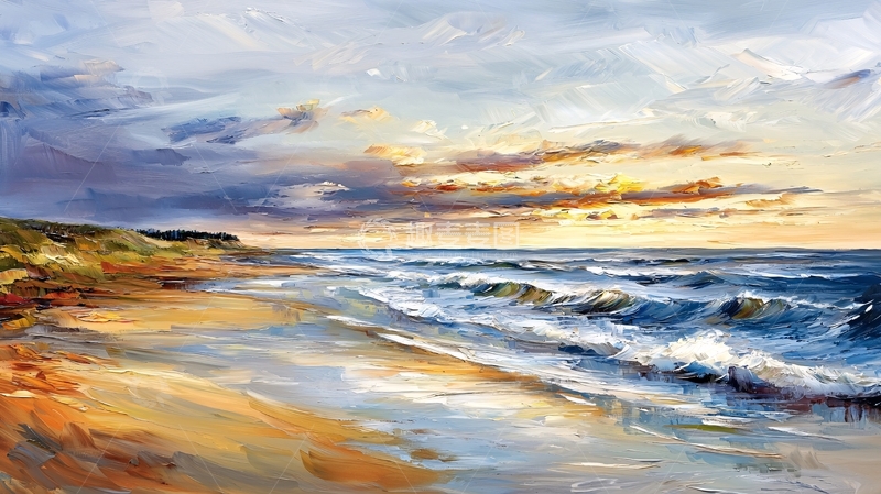 高清大图下载【趣麦麦图】海边日落油画风景