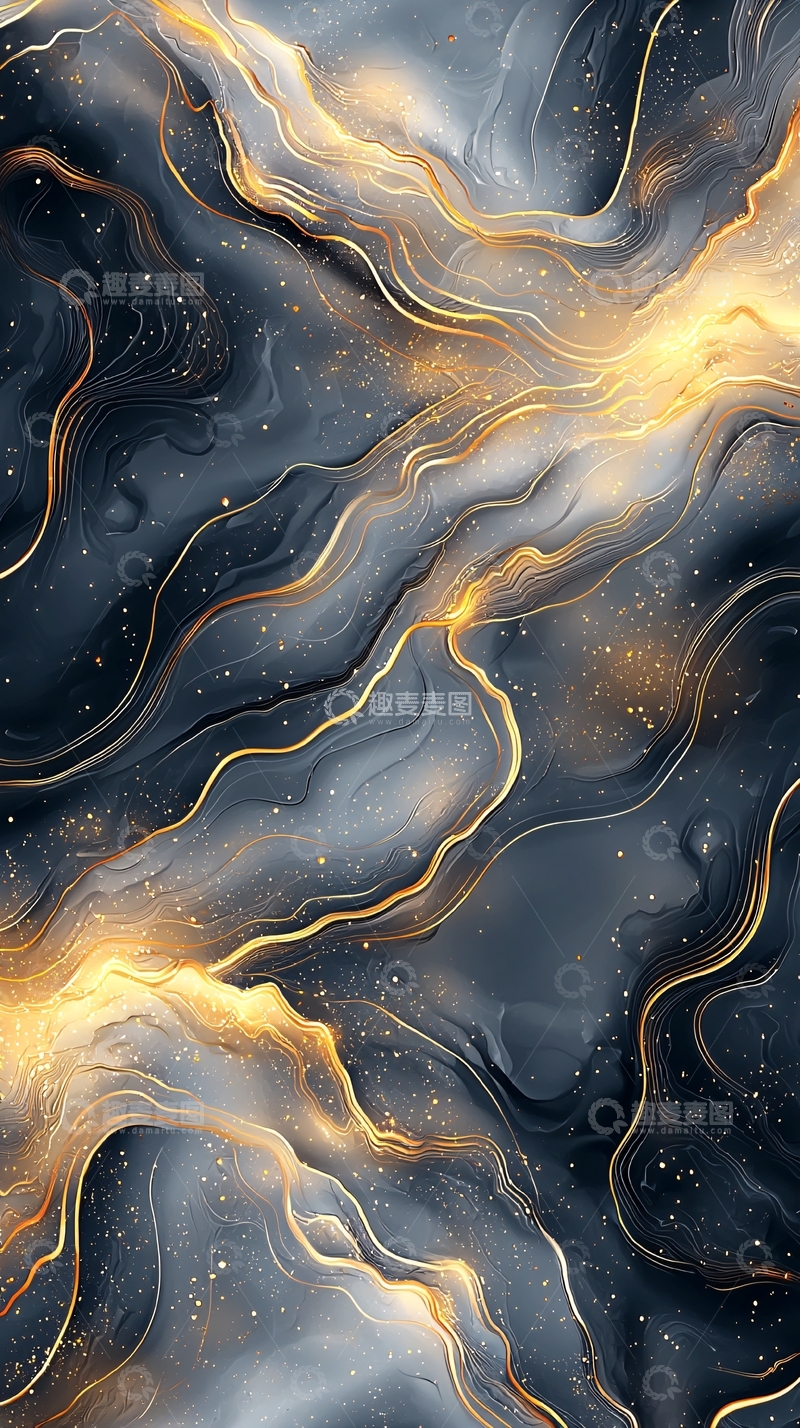 高清大图下载【趣麦麦图】深蓝金色的抽象水彩流动